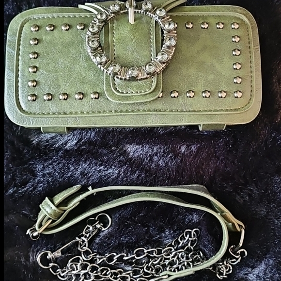 Olive Green Crossbody Bag with Silver Studs and Adjustable Strap - Picture 5 of 5